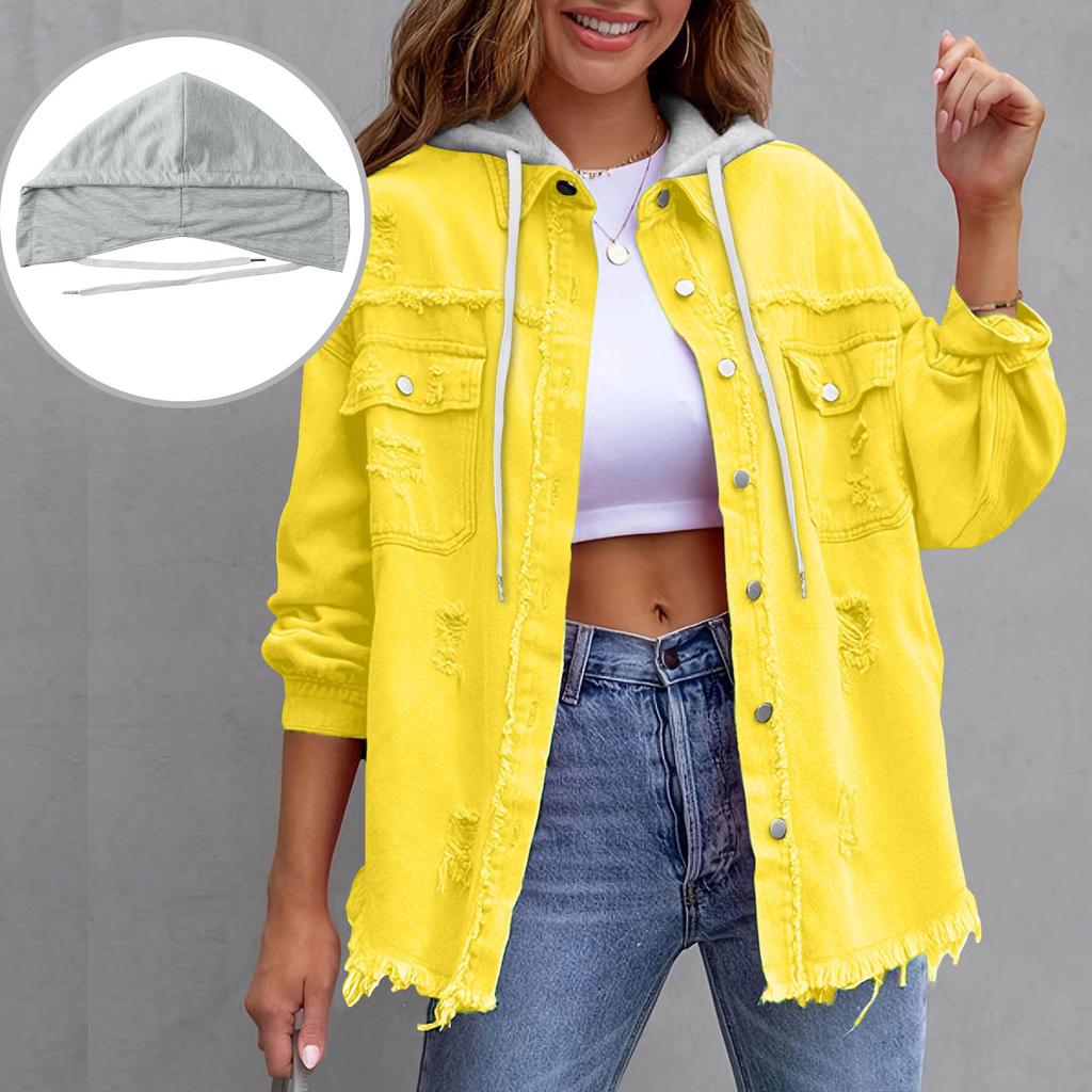 Women's Turn Down Collar Long Sleeve Denim Jacket Oversized Streetwear Ripped Hooded Jean Coat
