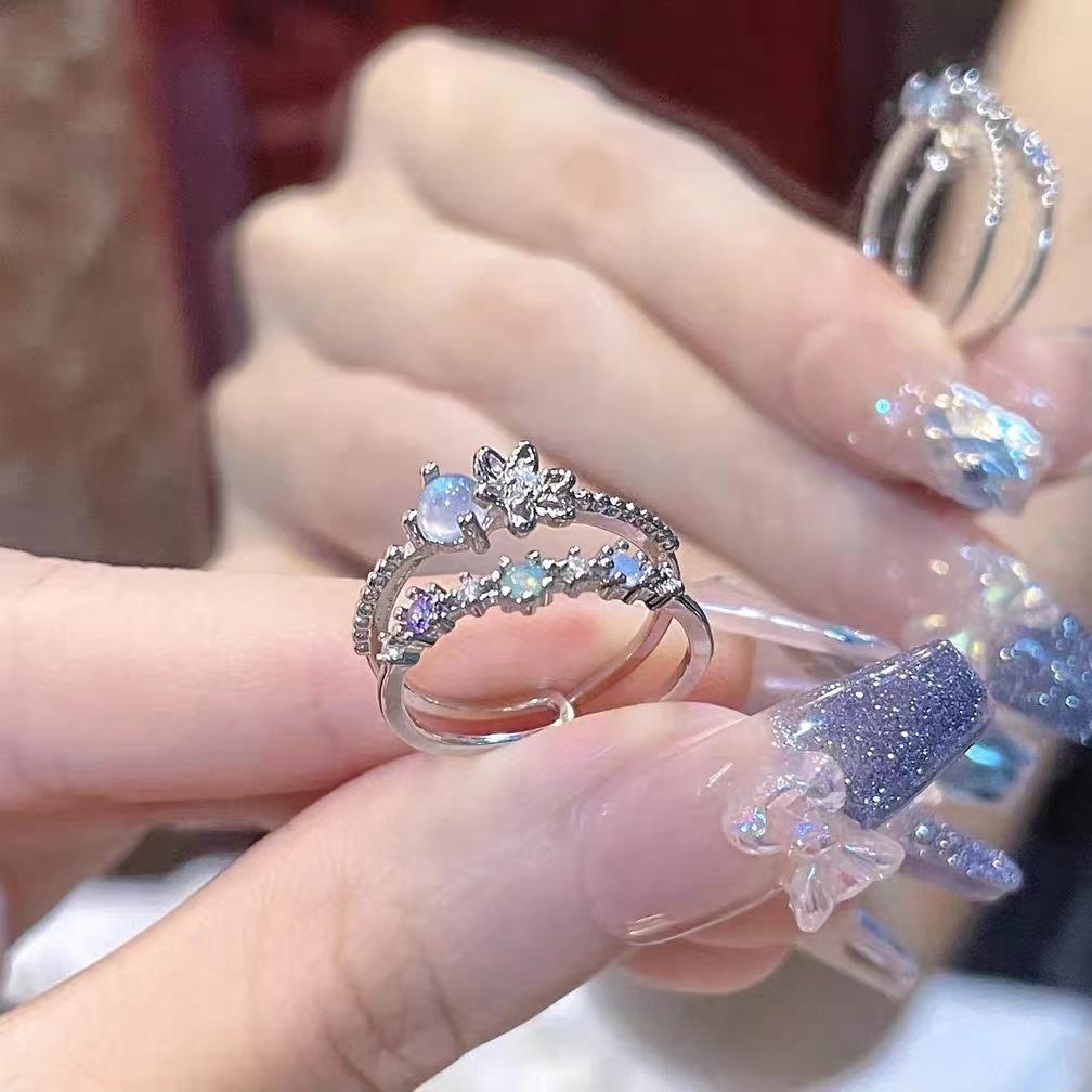Fashion Blue Opal Heart Rings for Women Kpop Punk Gothic Open Flower Rhinestone Finger Rings Wedding Party Trendy Girls Jewelry