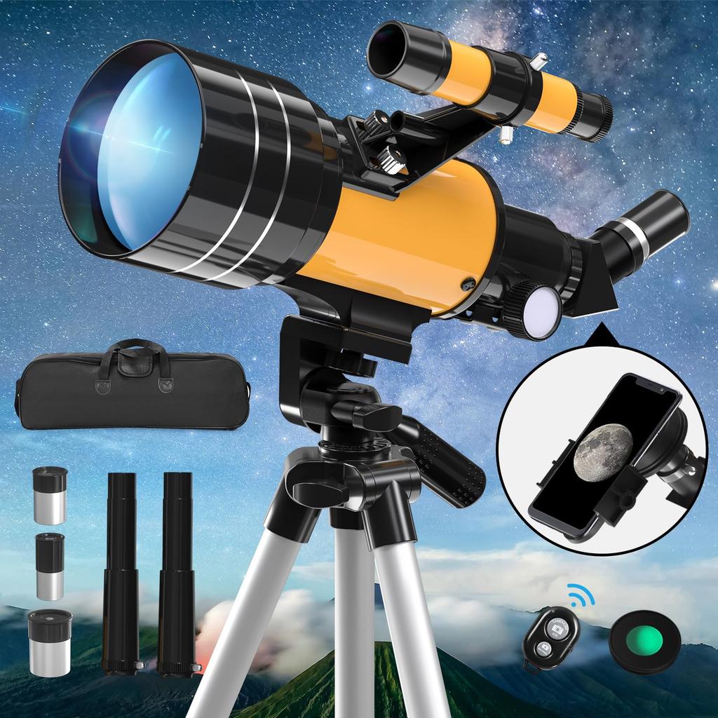 Astronomical Telescope for Kids and Beginners [Stainless Steel Telescopic Tripod] with 70mm Large Aperture, 400mm Focal Length, FMC Optical Lens,