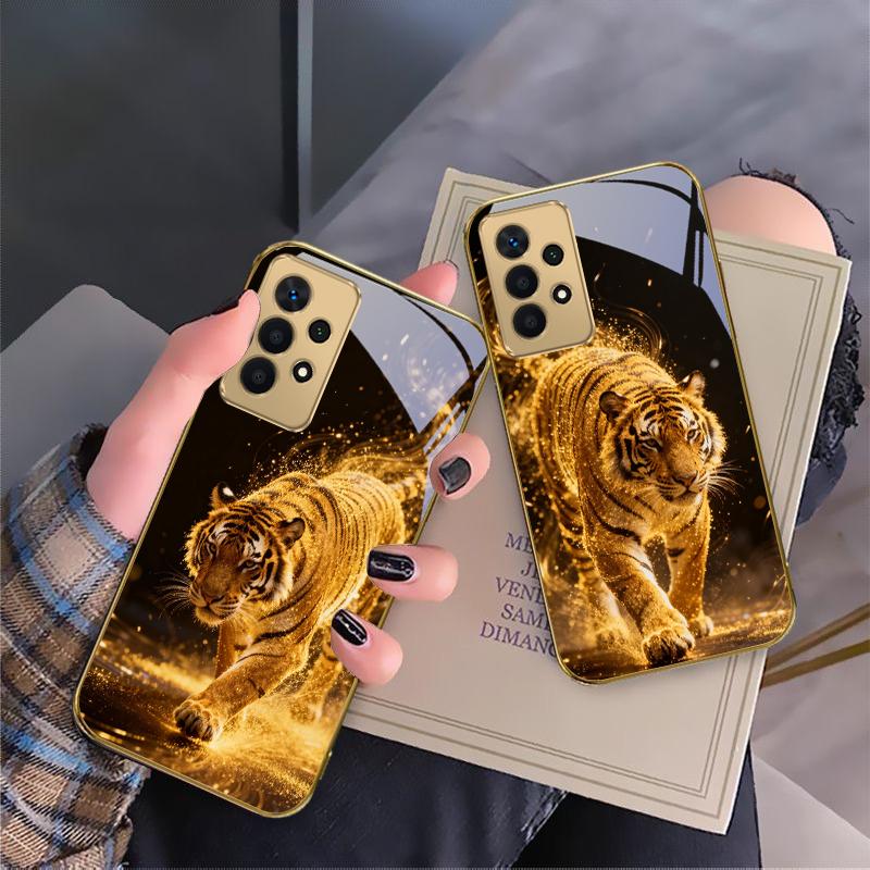 The Tiger of Strength For Samsung A 01 52S A04 A05S A10 A12 A13 22 23 24 36 42 M02 Note 10 20Ultra 8 9 Golden Glass Phone Case
