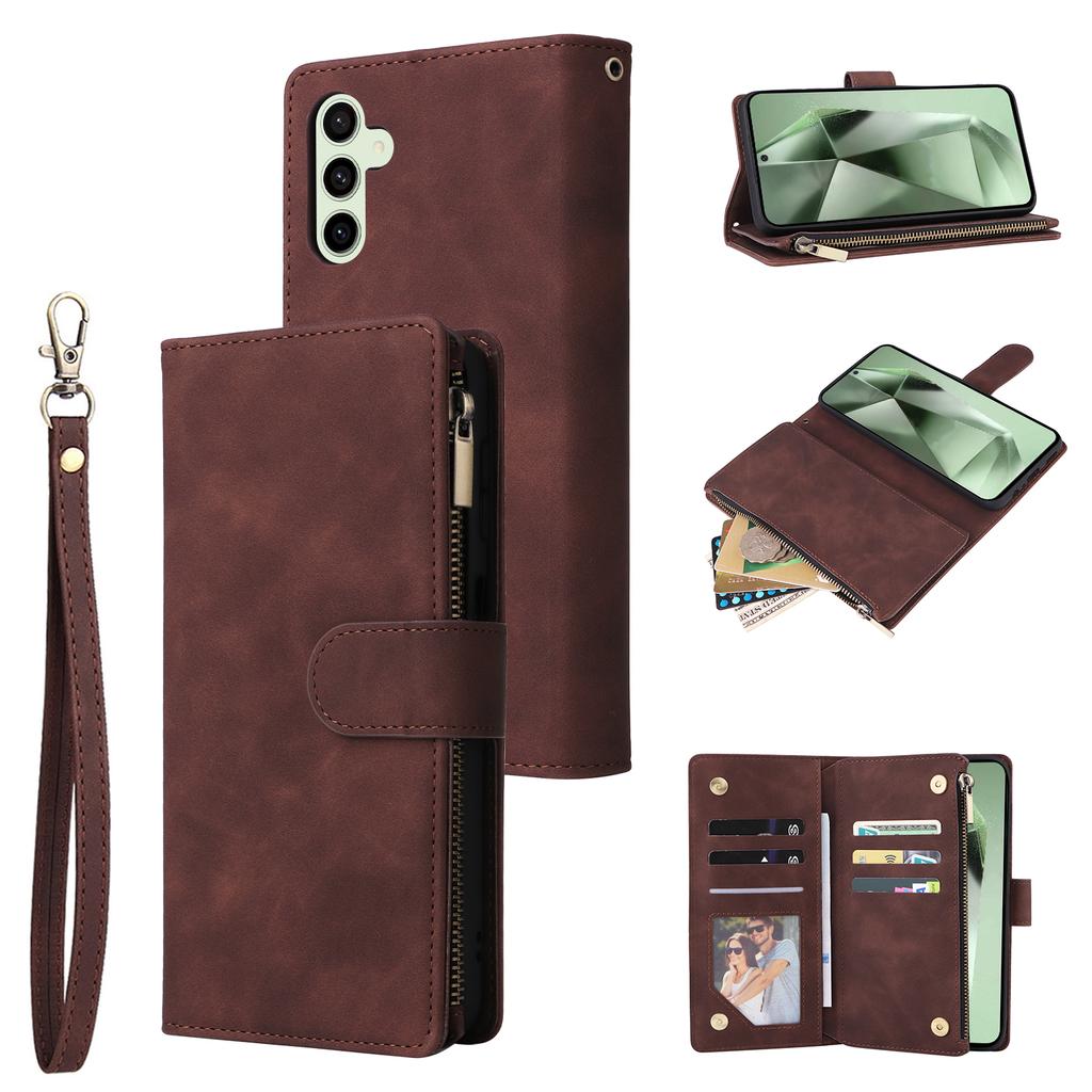 For Samsung Galaxy S25 FE Case Zipper Wallet Multiple Card Slots Leather Phone Cover with Wrist Strap