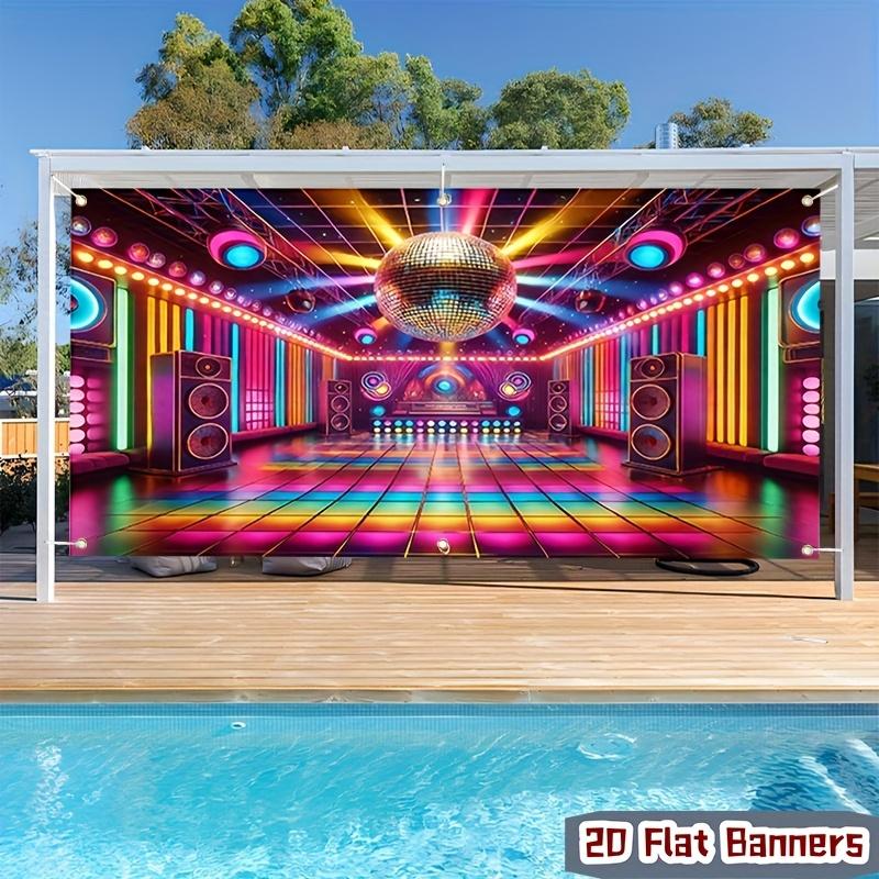 2D planar garage door banner 1 piece. Vibrant disco ball dance hall background banner, washable and reusable polyester.