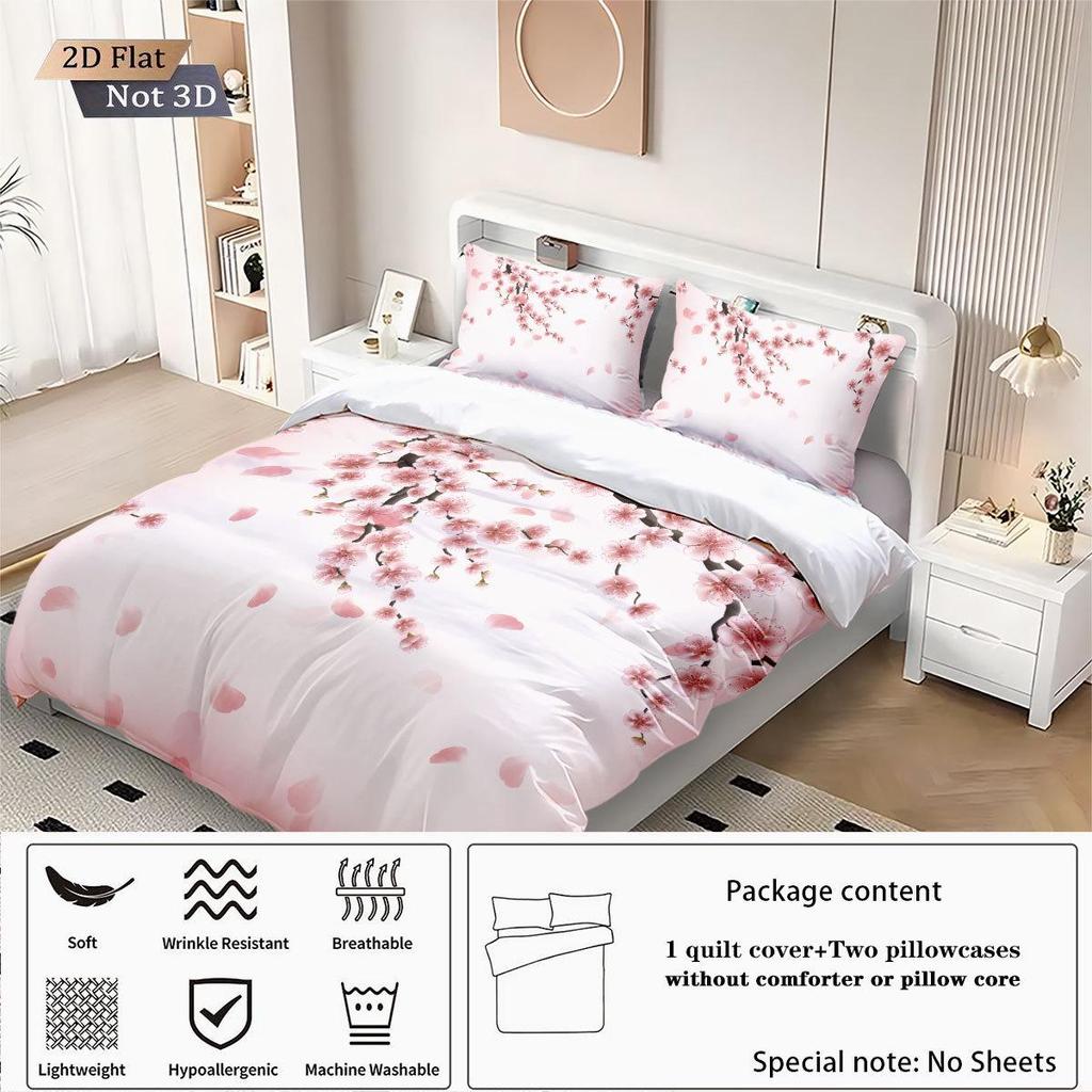 Three-Piece Pink Plum Blossom Brushed Duvet Cover Bedding Set - Custom Patterns Available