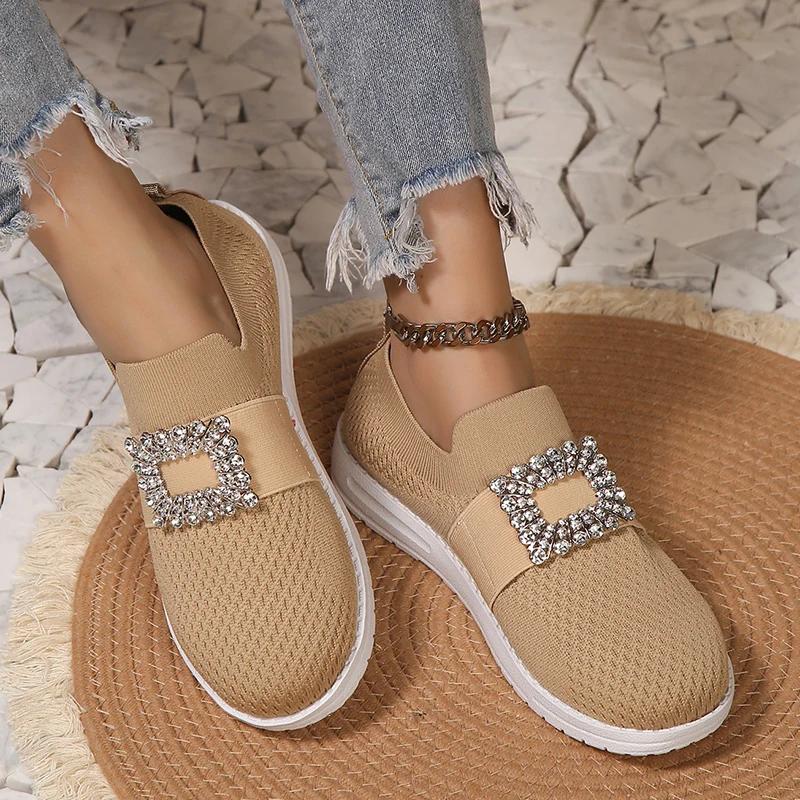 Fashion Rhinestone Mesh Knitted Loafers for Women Mesh Breathable Slip-On Casual Flats Woman 2025 Autumn Soft Sole Walking Shoes Ladies