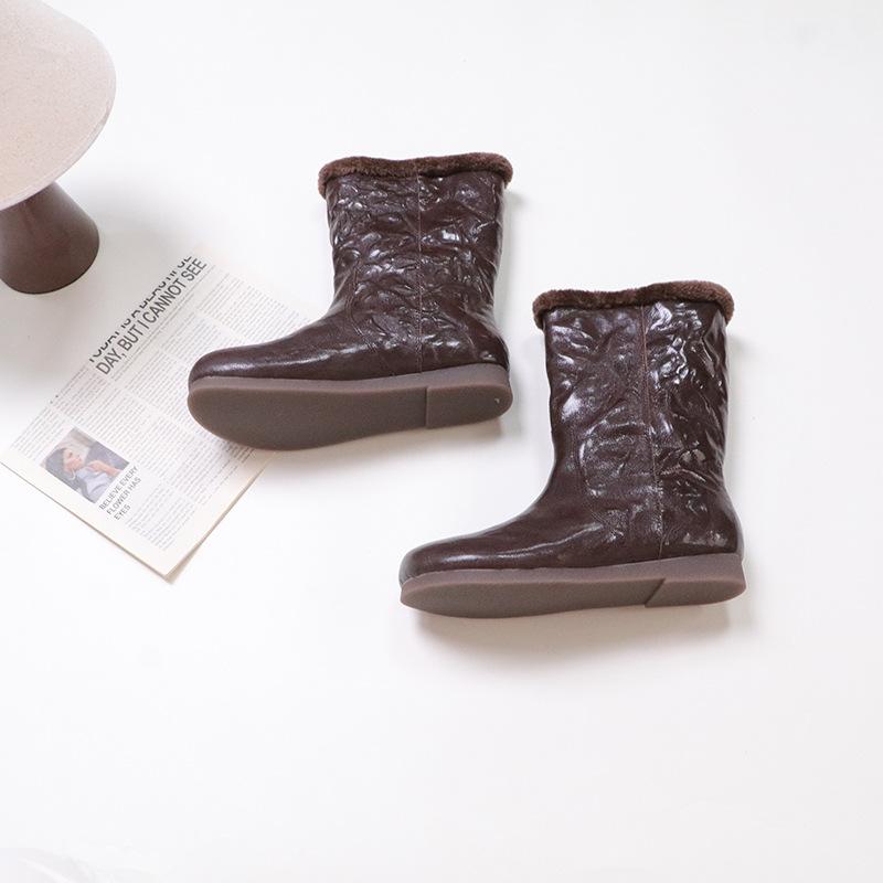 

Johnature Retro Pleated Plush Warm Mid-calf Boots Genuine Leather Comfortable Flat Bottom Snow Boots 40 кавовий