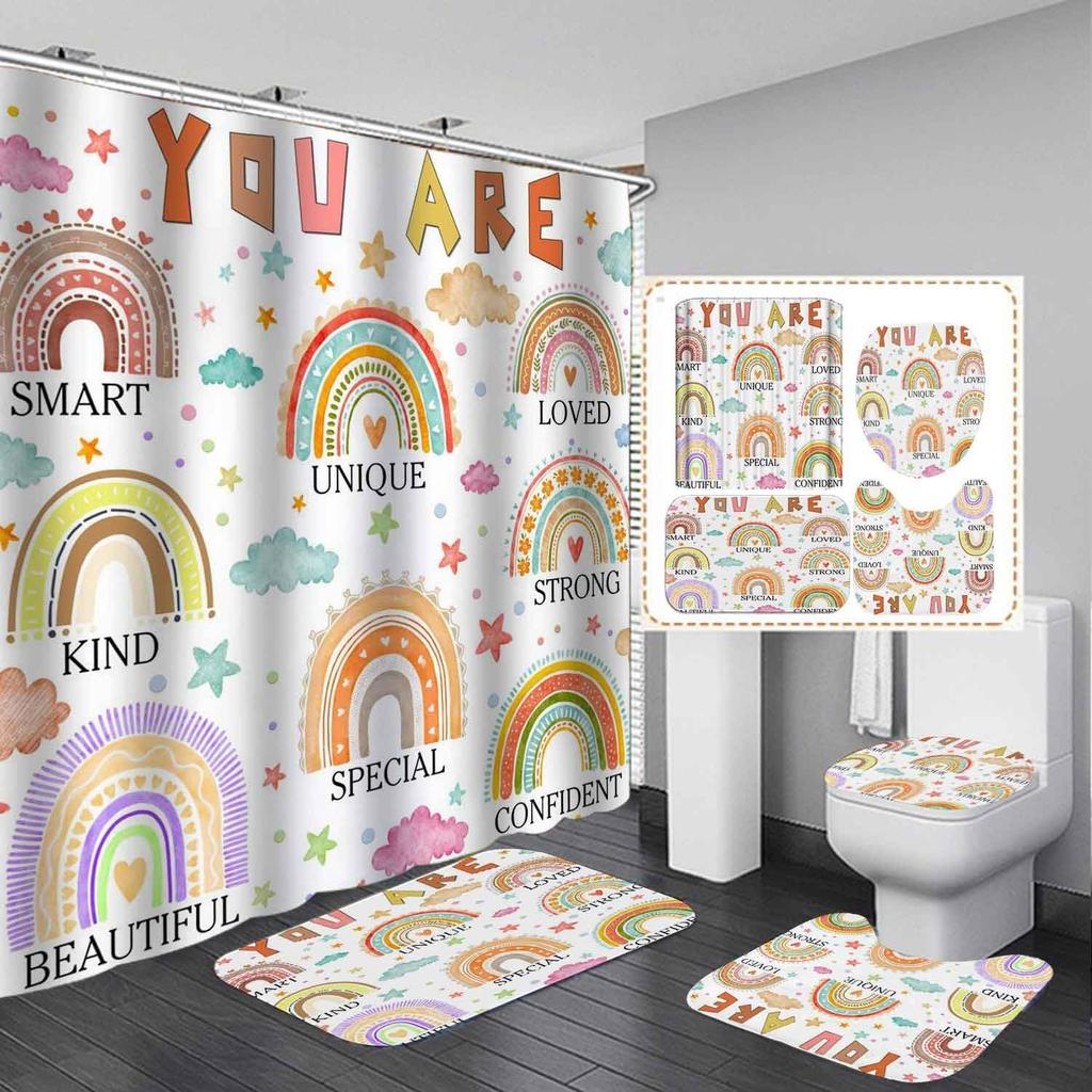 Colourful Rainbow Cube Shower Curtain Set And Bath Rugs Set Vibrant Pattern Bathroom Shower Curtains Set For Bathroom Home Decor