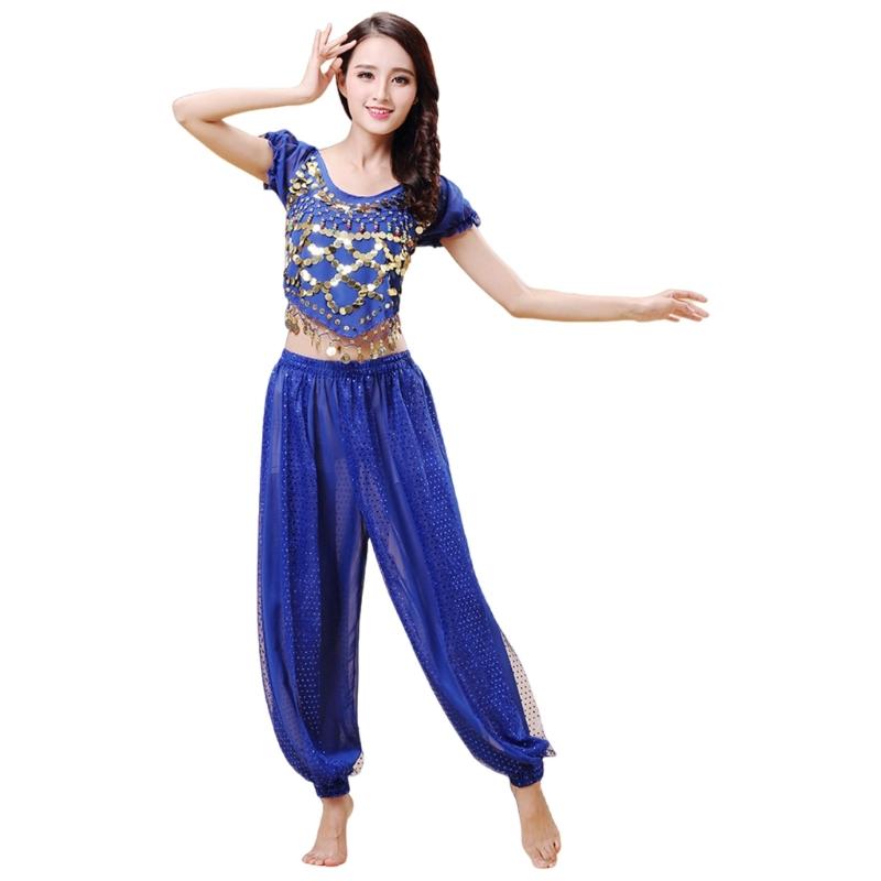 2Pieces Belly Dance Costume Set Coins Top Lantern Pants Set Halloween Costume Belly Dance Outfits for Dress Up Party