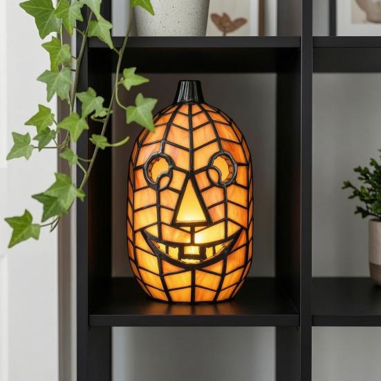 Eerie Demonic Face Sculpture Stained Glass Pumpkin Lamp, Halloween Fall Table Lamp with Warm Glow, Holiday Party Centerpiece USB Powered Resin Orange