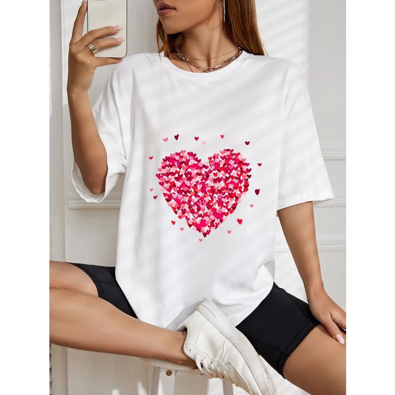 White Oversized T-Shirt With Heart Pattern For Casual Wear