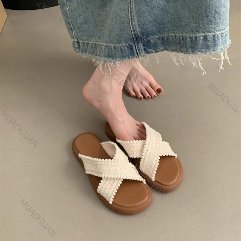 Summers Women Flat Bottom Slipper Open Toe Summer Retro Woven Cross Bohemian Style Slides Sandals Casual Outside Beach Slipper
