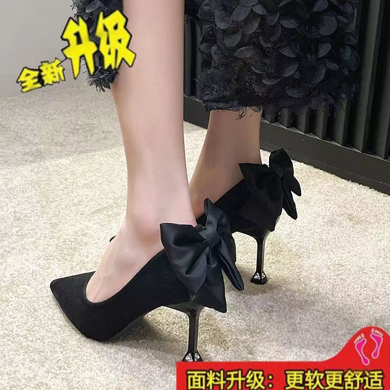 Fashion high-value fried street high versatile heels 2024 Internet celebrity temperament thin heel pointed bow single shoes