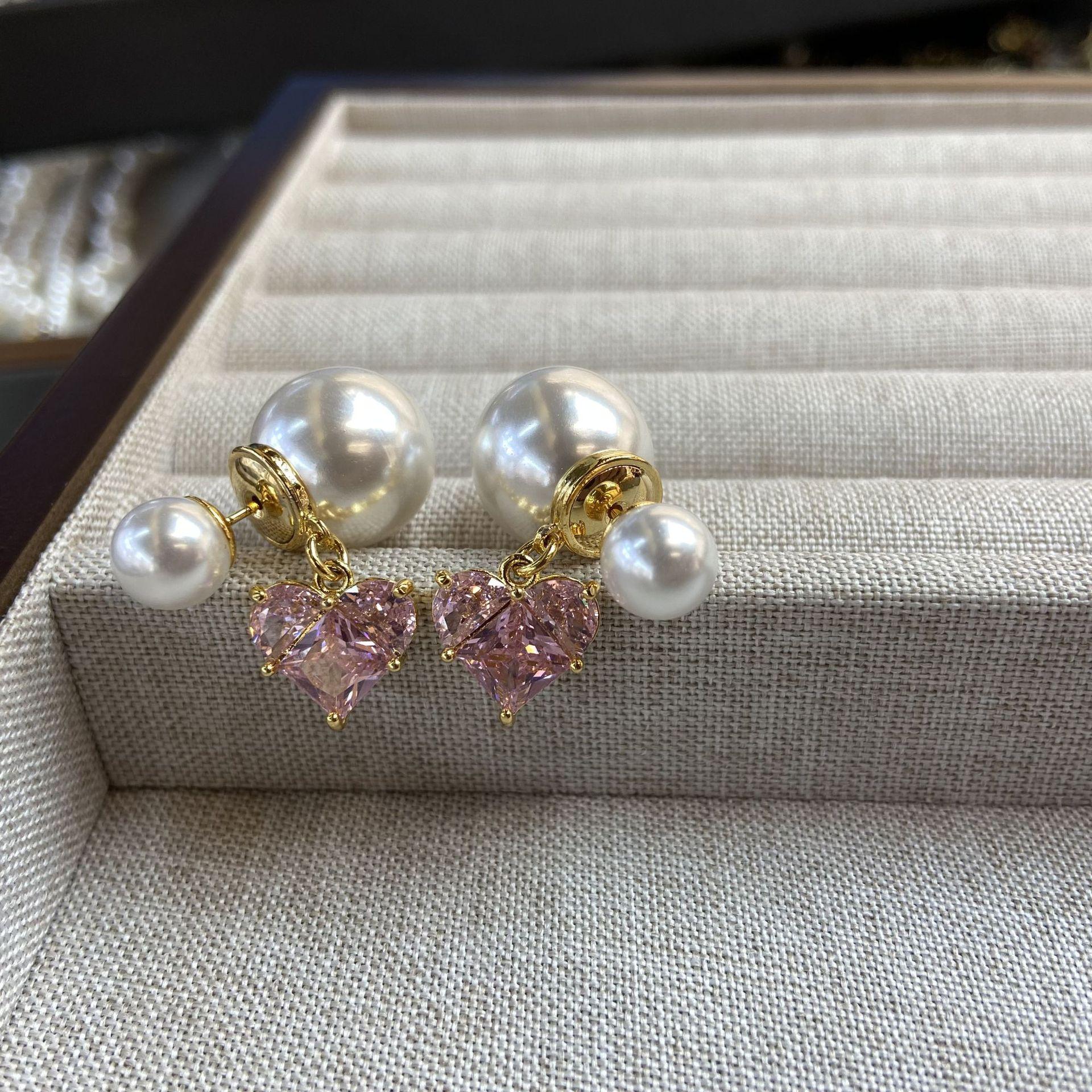 Pink Love Pearl Earrings Sweet Heart Shape Handmade Small Fresh