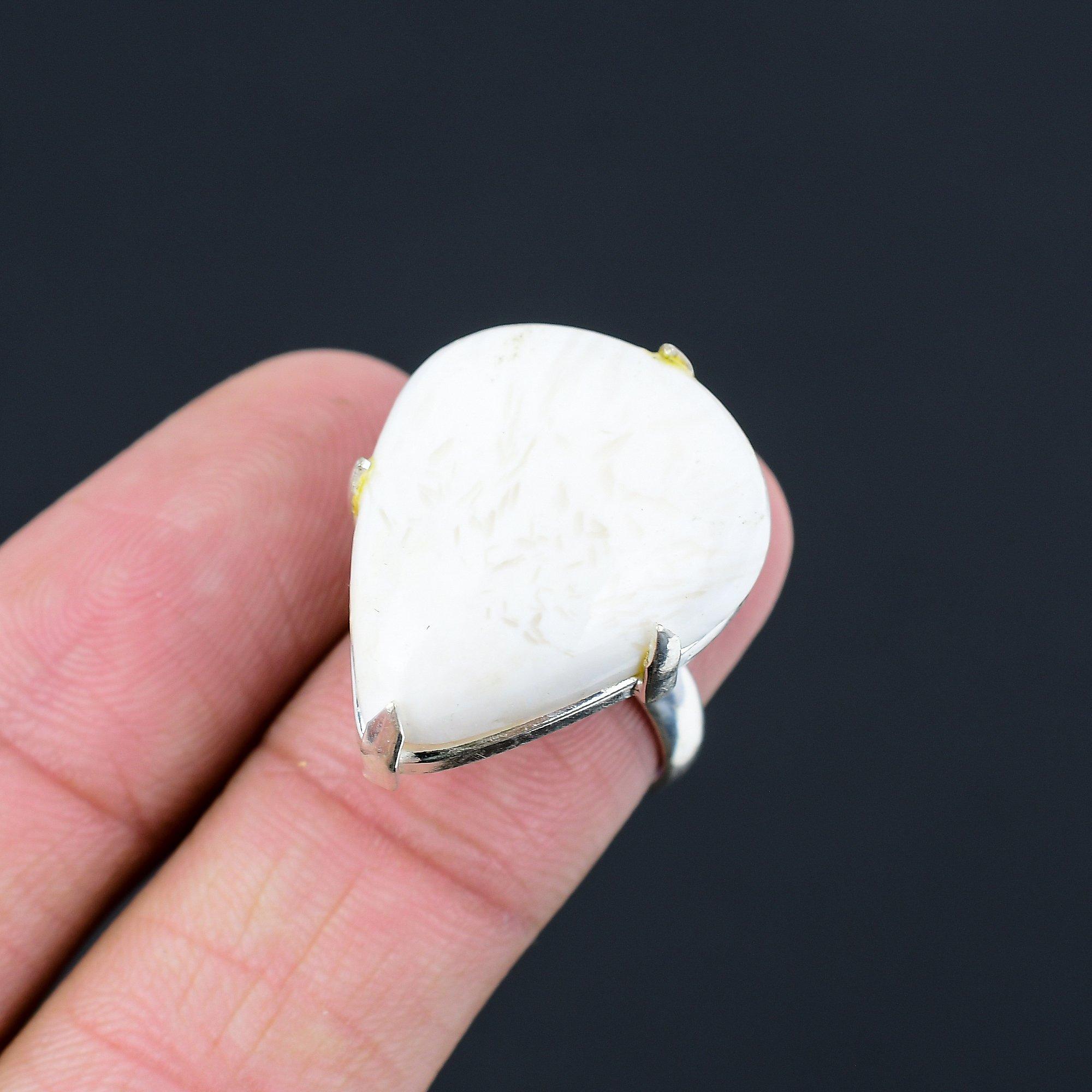 Sterling Silver Pear Natural Scolecite Handcrafted Promise Statement Ring Size 7 7