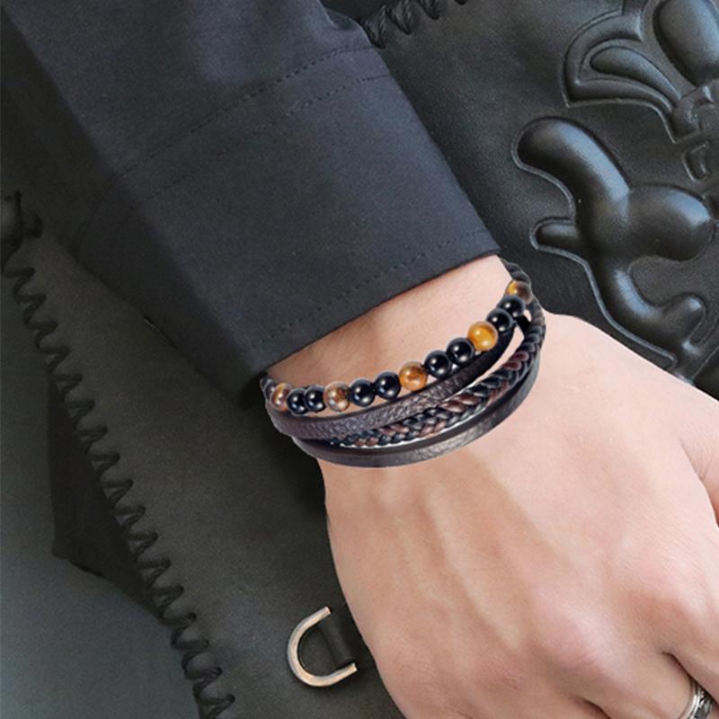 2026 New Beads Tiger's Eye Stone Bracelet for Men Four Layers Leather Bracelet with Stainless Steel Magnet Male Jewelry Gift