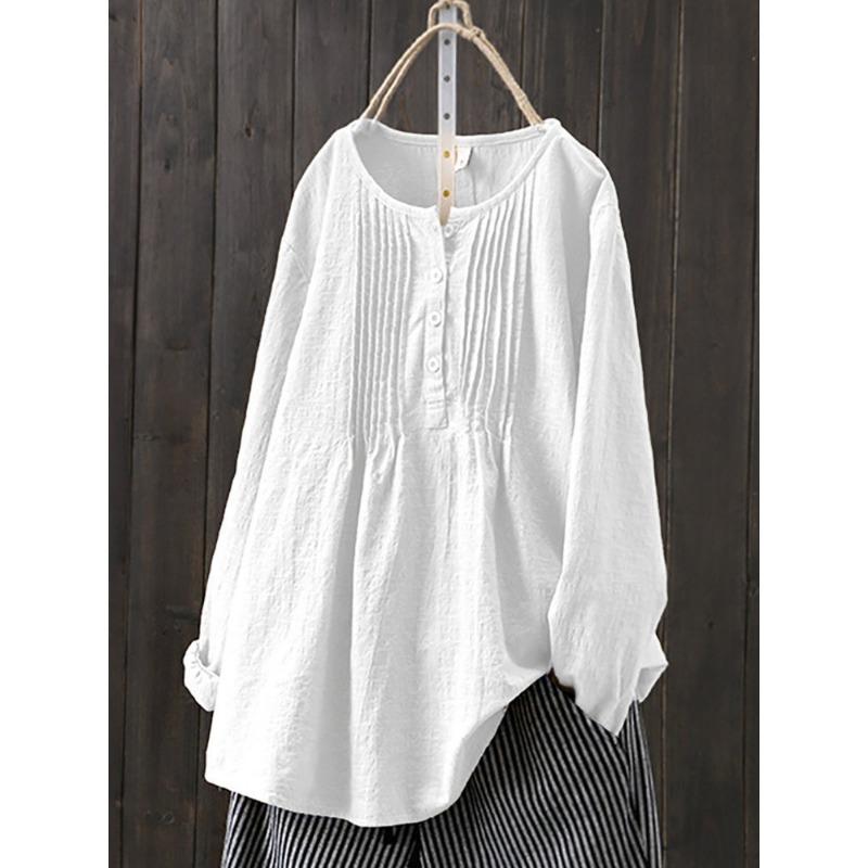 Loose Cotton and Linen Long Sleeved Women's Round Neck Women's Shirt