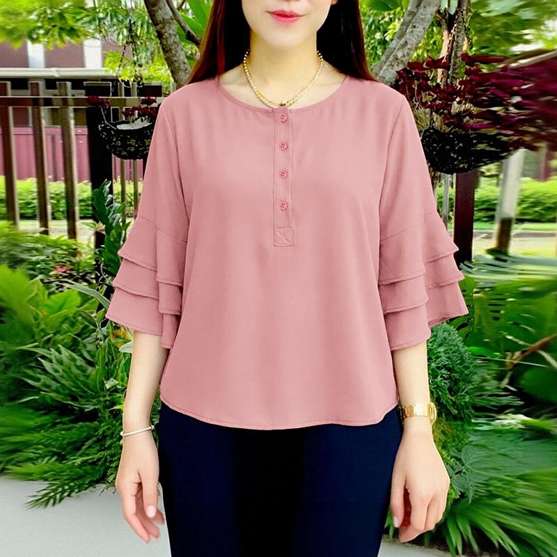 ZANZEA Women Casual Round Neck Solid Color Loose 3/4 Sleeve Blouse