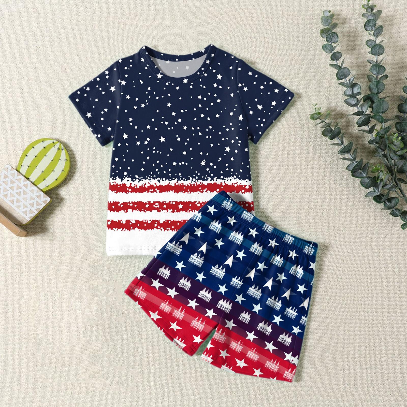 

Boys Girls Fashion Casual Round Neck Short Sleeve T-Shirt Shorts Independence Day Set 130 тёмно-синий