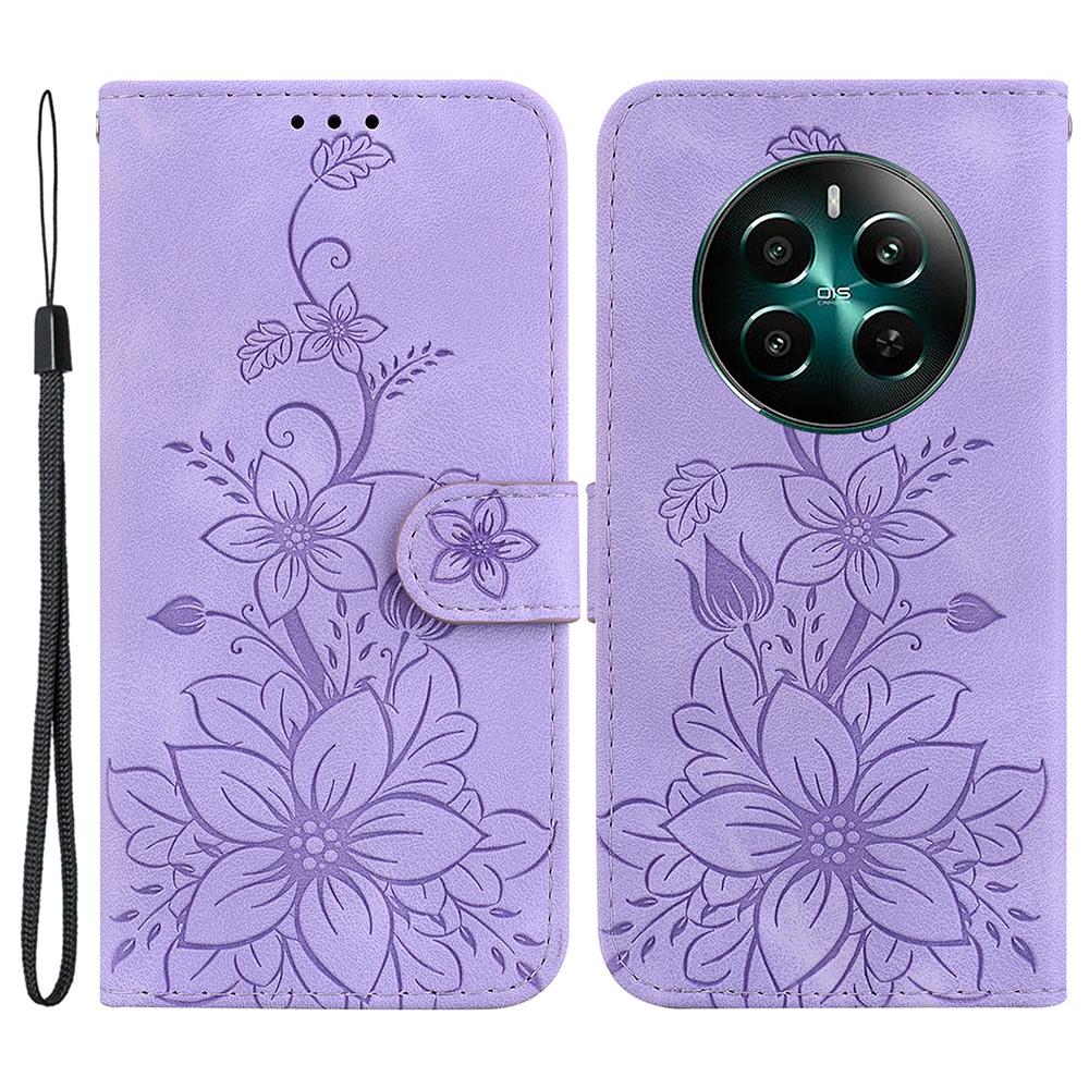 Etui dla Realme 12 4G/12+ 5G/Narzo 70 Pro 5G PU Skóra Uchwyt na Karty Wytłaczany Kwiat Pokrowiec na Telefon