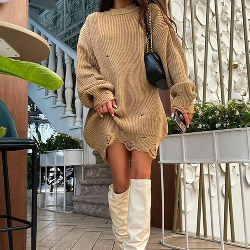 Womens Oversized Knit Sweater Dress Loose Fit Round Neck Solid Color Long Sleeve Mid-Length Pullover Winter