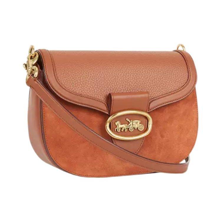 Coach Kat 25 Solid Color Logo Embossed Nameplate Clasp Closure Leather Saddle Bag Women Saddle Bag Brown CJ394-B4L4A