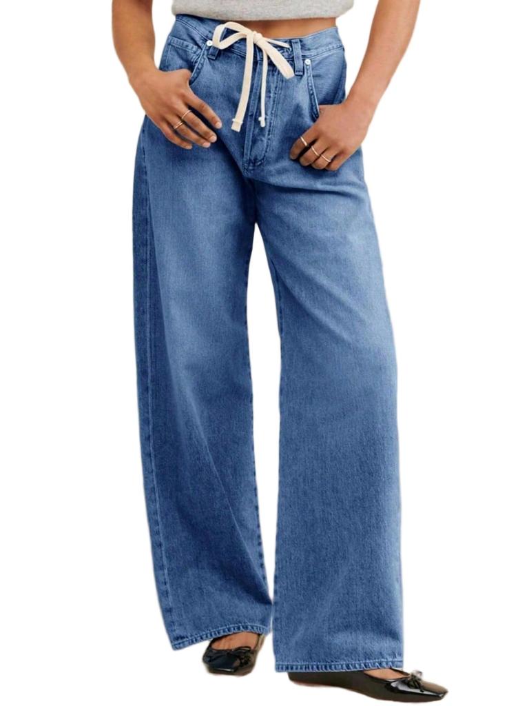 Damen High Waist Baggy Weite Beine Jeans Kordelzug Boyfriend Denim Hose