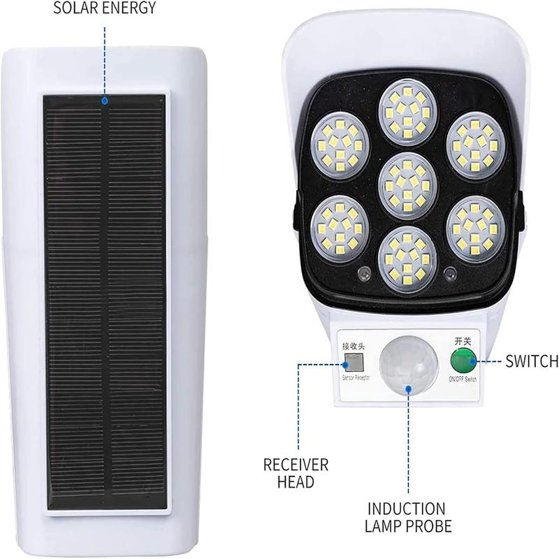 Outdoor Motion Sensor Solar Lights 2000 Lumen 77 LED With Remote Controller Fake Security Camera Monitoring Induction Wall Lamps