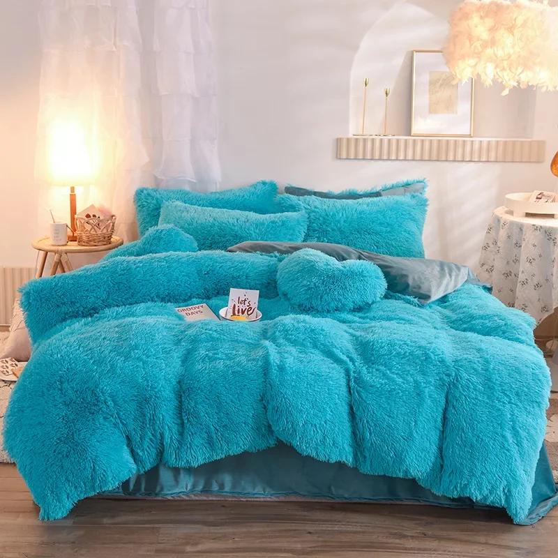 3/4PCS Winter Warm Plush Duvet Cover Pink Mink Velve+fluffy Flannel Quilt Cover Queen King Size Luxury Double Bed Bedding Set