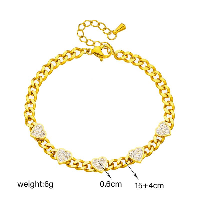 Luxury French Stainless Steel Gold Plated Heart Pave Bracelet Women Cuban Link Rhinestone Charm Bracelet Valentine's Day Gift Daily Wear