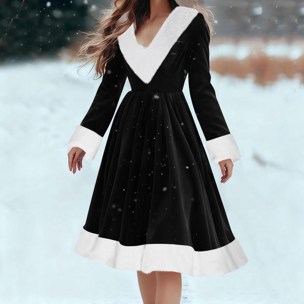 Women's Fashionable Loose-Fit Long-Sleeved Plush V-Neck Solid-Colour Party Dress