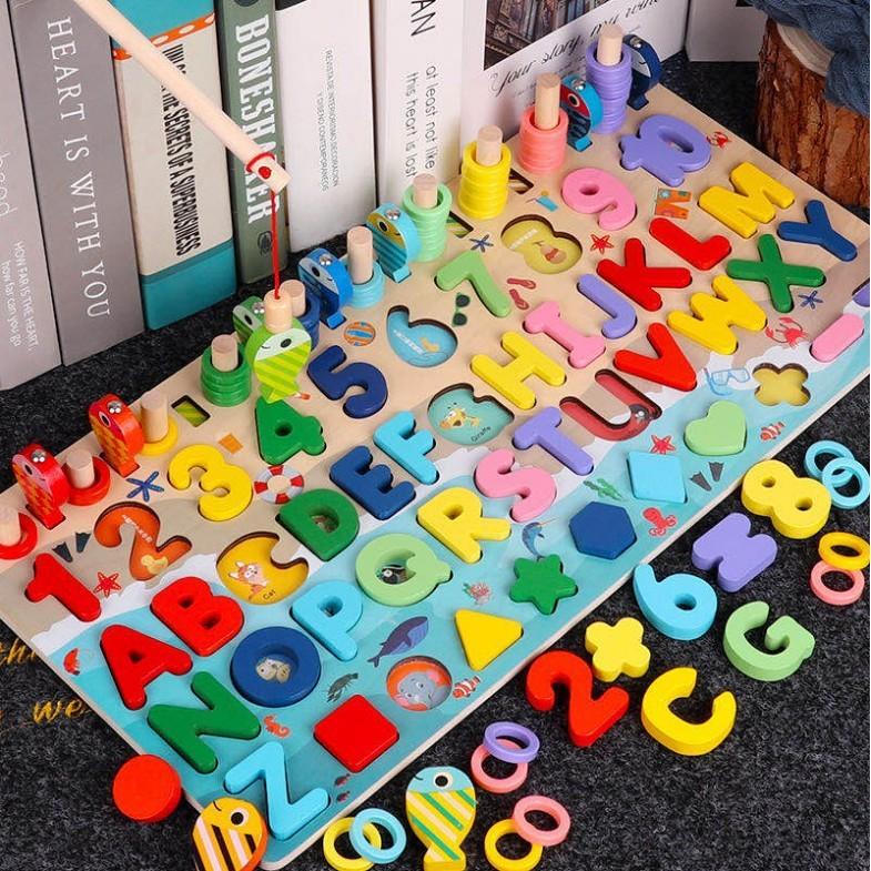 Wooden Cartoon Ocean Fishing Cartoon Number Letter Traffic Shape Matching Logarithm Board Cognitive Toy for Kids