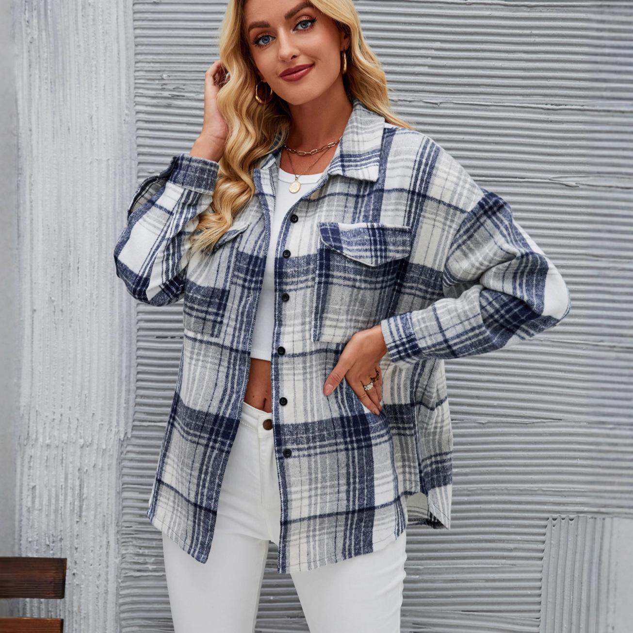 Women s European & American Plaid Woolen Shirt - Autumn/Winter Lapel Button-Up Casual Style S