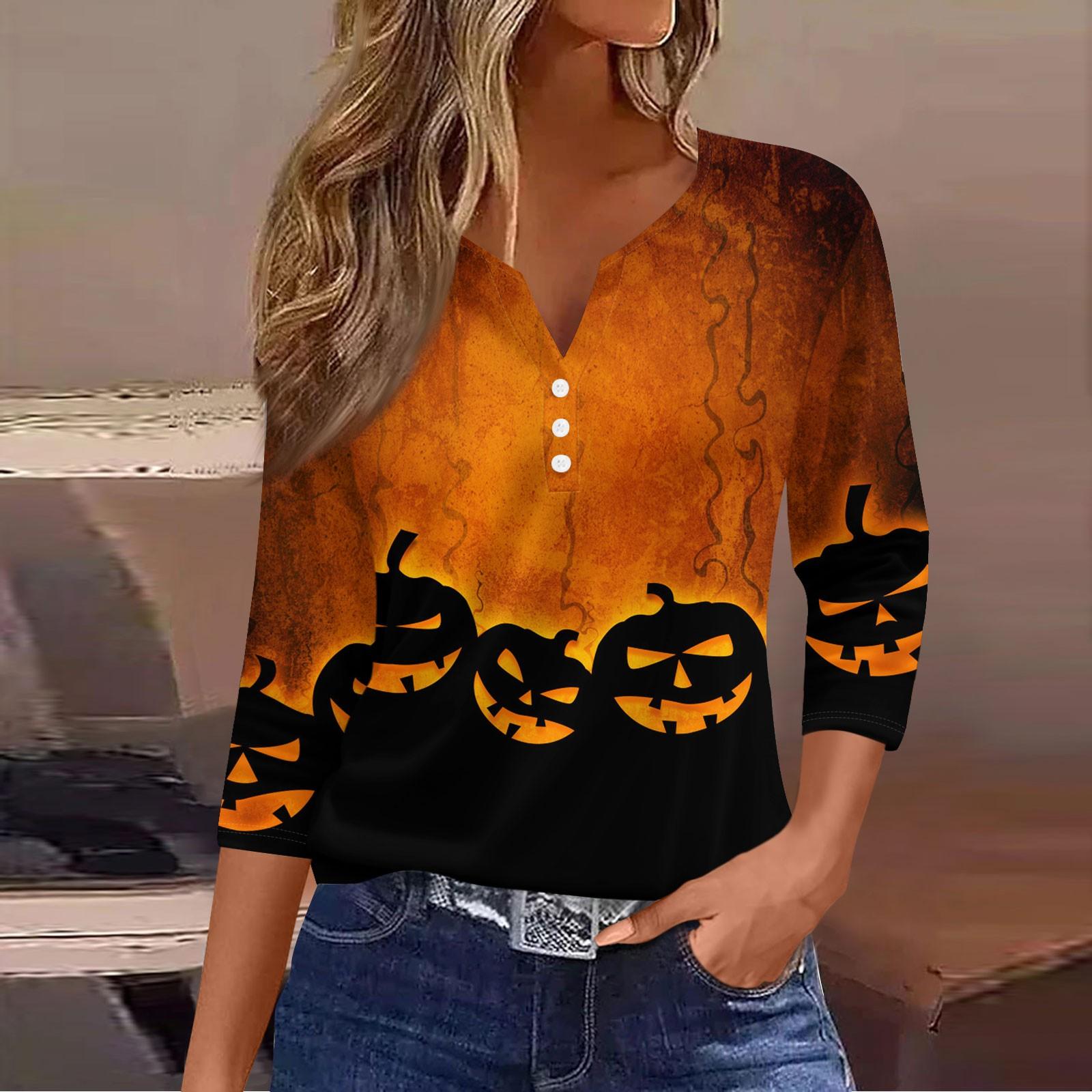 

3/4 Length Sleeve Womens Tops Halloween Print Vintage Fashion Casual Loose With V Neck Plus Size Shirts M помаранчевий