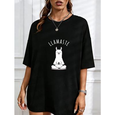 Rundhals T-Shirt Weiß Yoga Lama Print Für Freizeitkleidung Und Alltagsoutfits