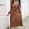 Damen Langarm Maxi Kleid Herbst Winter V-Ausschnitt Schnürung Einfarbig Plissiertes Temperament Größen S bis XXXL