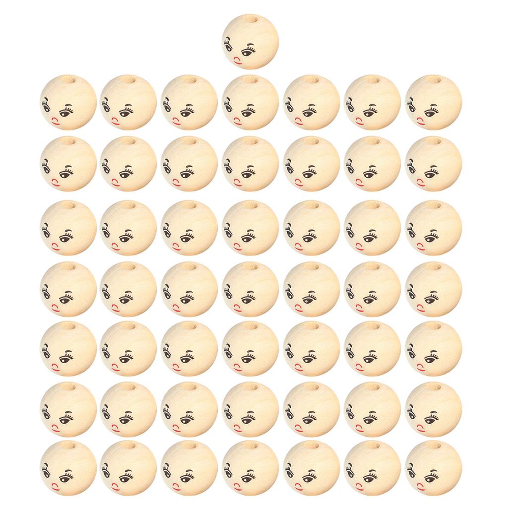 50Pcs Doll Head Wood Beads Face Jewelry DIY Children Beading Smile Beads Loose Round Wooden Craft Beads for Kindergarten