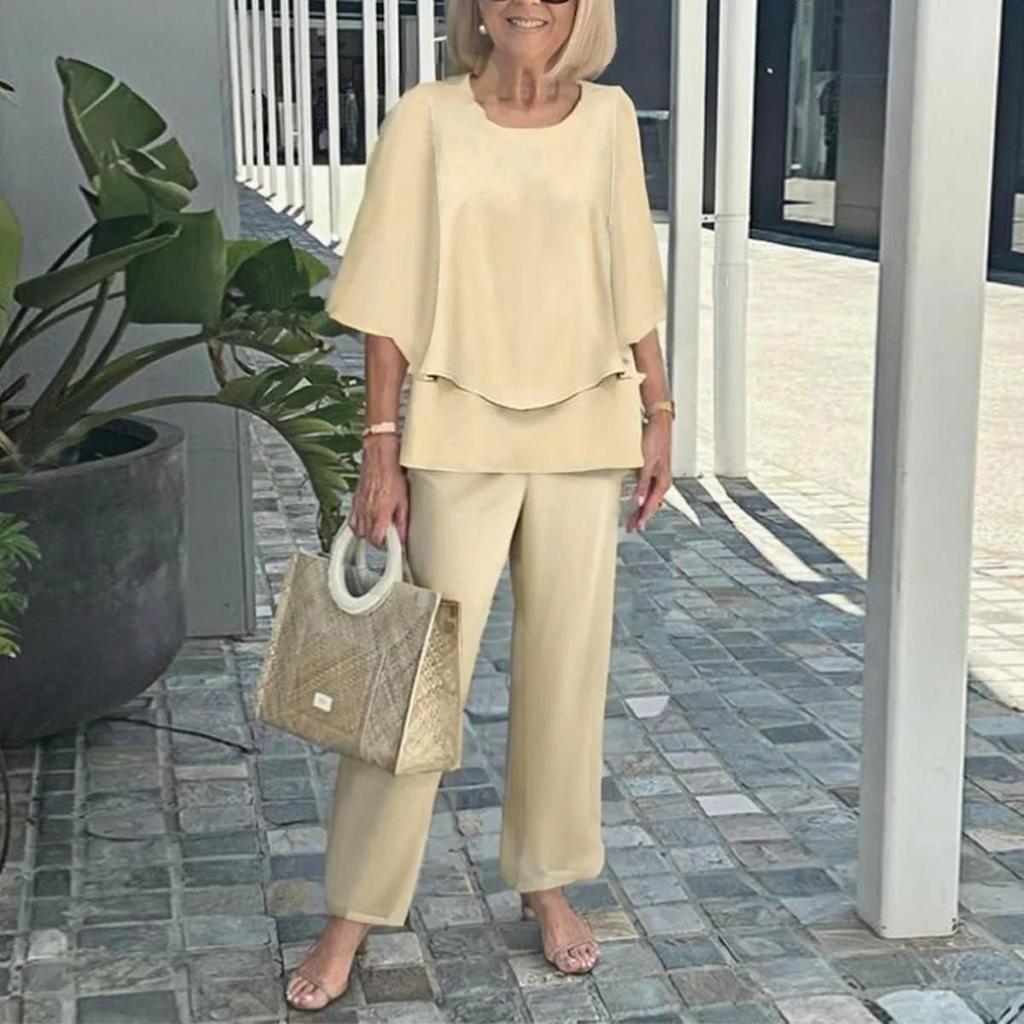 Women's Green Loose Fit Top with Leaf Print Pants Set, Casual Summer Outfit with Straw Bag