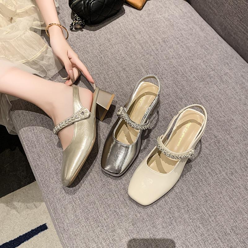 Thick Heel Mary Jane Bag Head Sandals Women's Summer New Rhinestone One-word Square Head Light Mouth Single Shoes