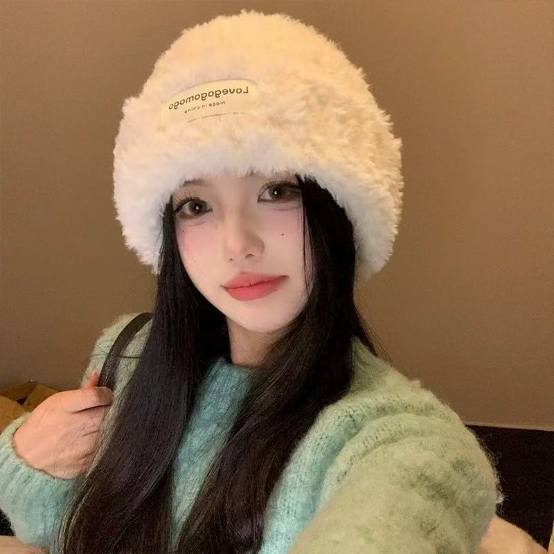 White Plush Hat for Women in Winter Thickened Woolen Hat  Large Head Circumference Warm Knitted Hat  Windproof Pullover  Cold Hat Slimming