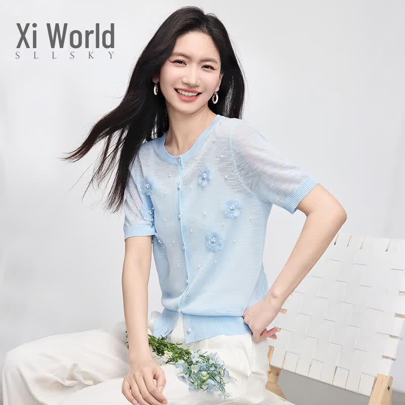 Sllsky Women s Sheer Knit Cardigan with Floral Design M