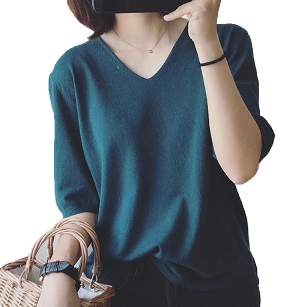 Summer Knit Short Sleeve Loose Cut and Fashionable Summer Beautiful Coordination [ANCKDOCE] Women's T-Shirt, V-Neck, Fit, Sewn, Clothes, Tops, (White)