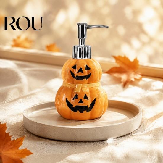 Empty Lotion Container Halloween Ceramic Ghost Soap Dispenser, with Stainless Steel Pump, Pumpkin Refillable Hand Bottle Liquid Container, Shower Gel