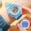 Digitale Chronographenuhr Mädchen Schüler Elektrisch Wasserdicht PU-Armband für Schwimmen Sport mit Buntem Nachtlicht Wecker Blau