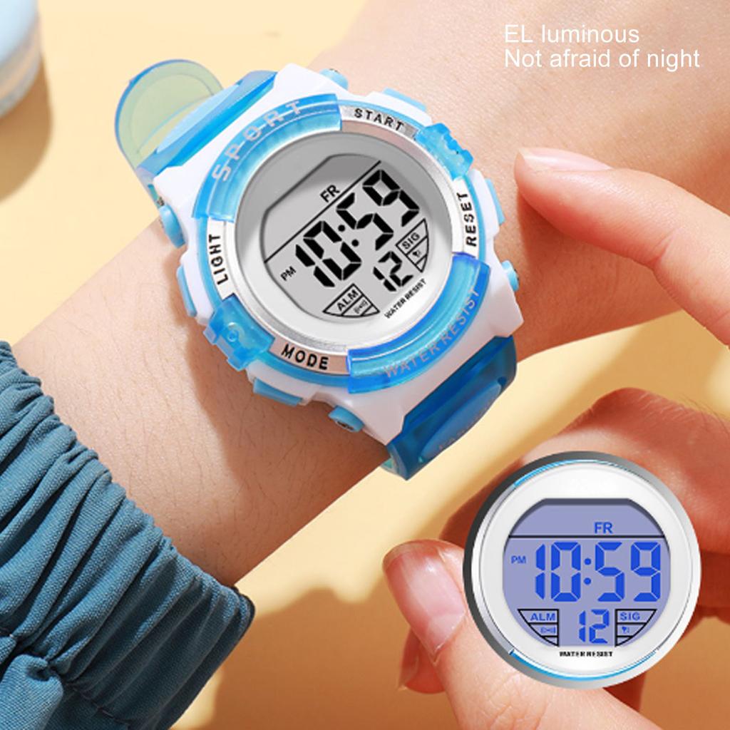 Digitale Chronographenuhr Mädchen Schüler Elektrisch Wasserdicht PU-Armband für Schwimmen Sport mit Buntem Nachtlicht Wecker Blau