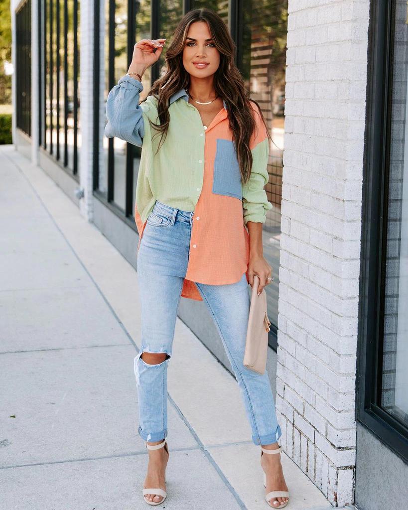European & American Style Women's Color Block Patchwork Drop Shoulder Long Sleeve Shirt