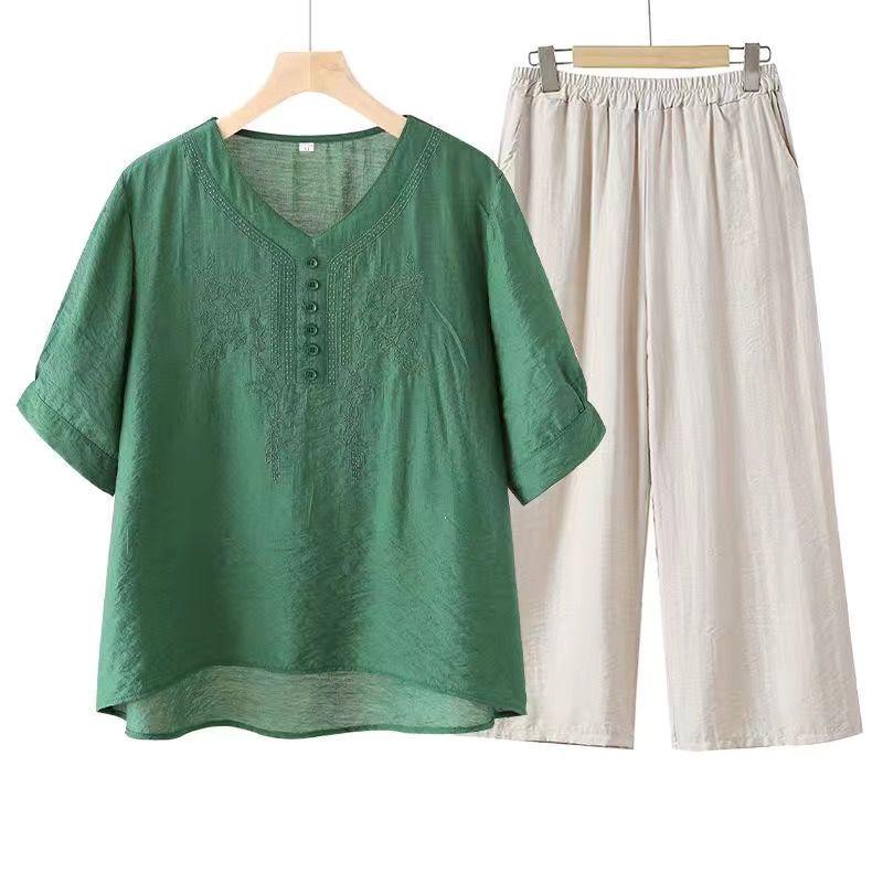 Women's Tencel Linen Embroidered Short-Sleeve Top & Pants Set for Summer - Middle-Aged Mother's Style.