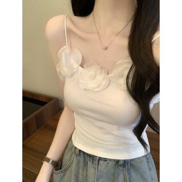 Short Tank Top With 3d Flower Embroidery For Summer Fashion Women