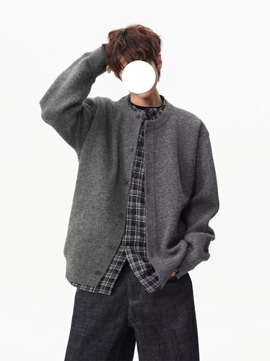 

Men s Winter Coffee-Colored Plaid Patchwork Knit Sweater – Old Money Style, Layered Faux Two-Piece, Casual Wear. Large