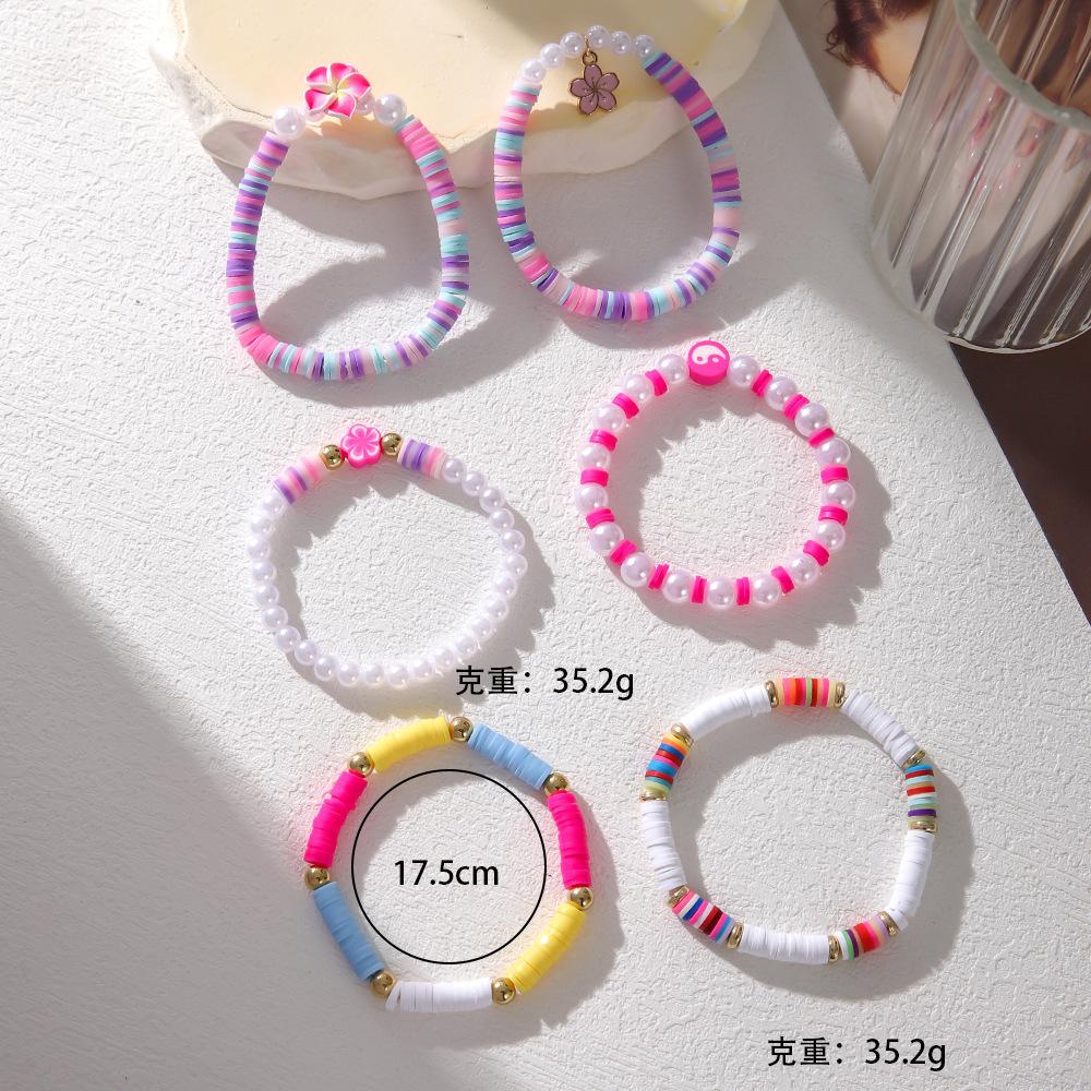 College Style Color Soft Pottery Flower Shell Bracelet Set Sweet and Cute Marine Element Pearl Elastic Bracelet Women