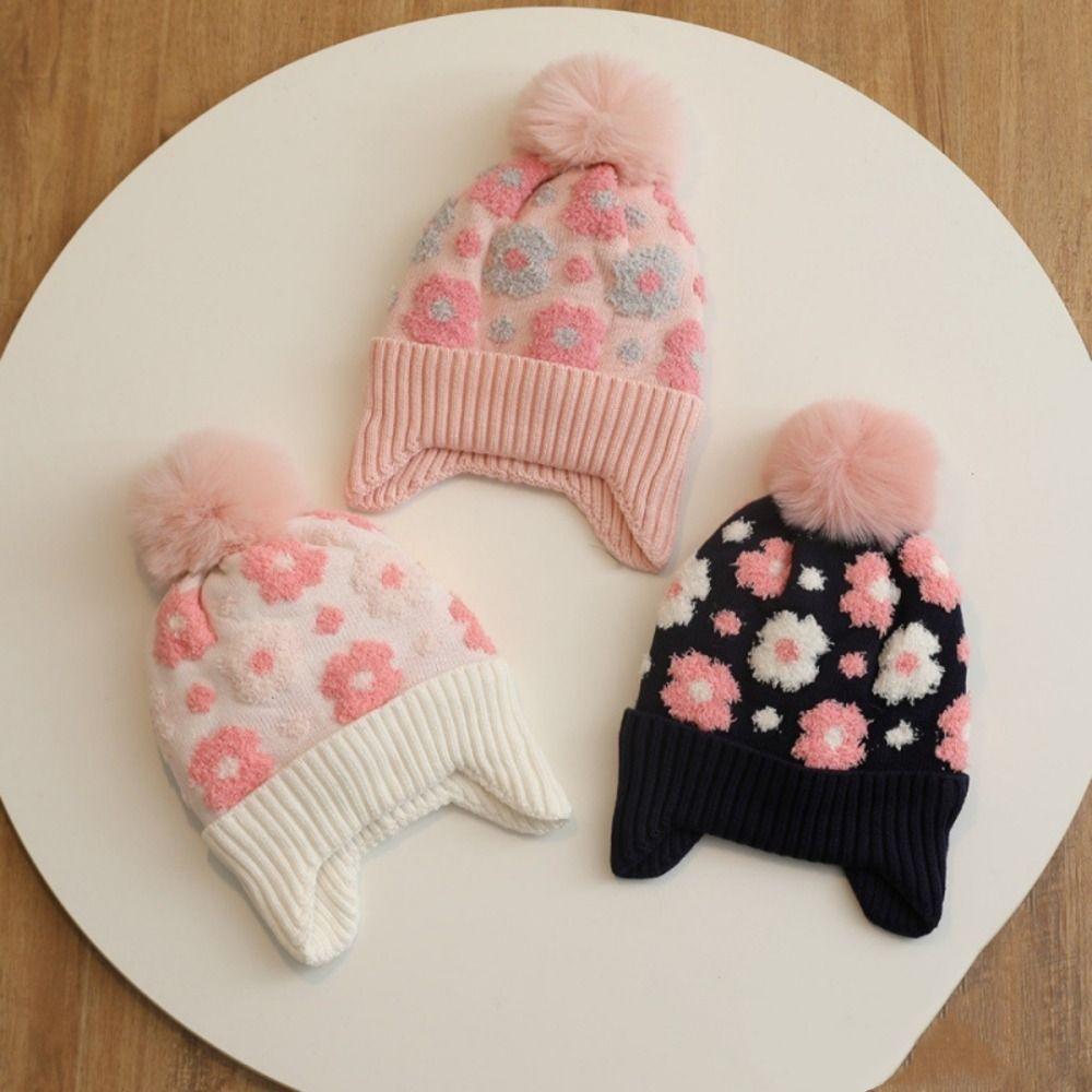 Winter Flower Ear Protector Hat Kids Warm Pompom Knitted Hats Toddler Bonnet  Children's Outdoor
