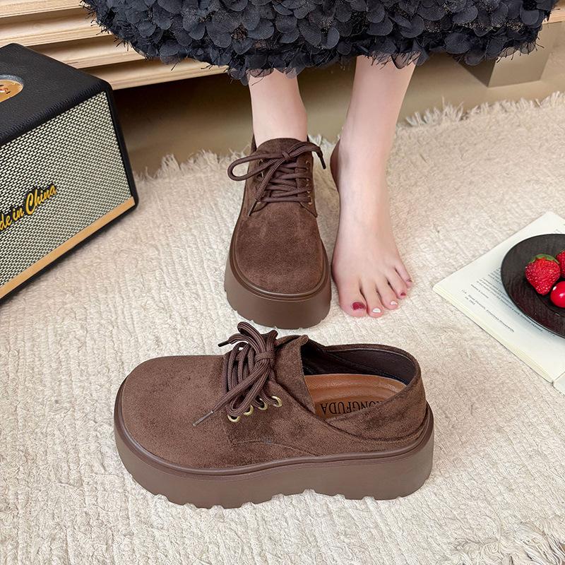 British Style Retro Lace-up Platform Loafers Women's Autumn 2025 New Small Versatile Frosted Leather Shoes